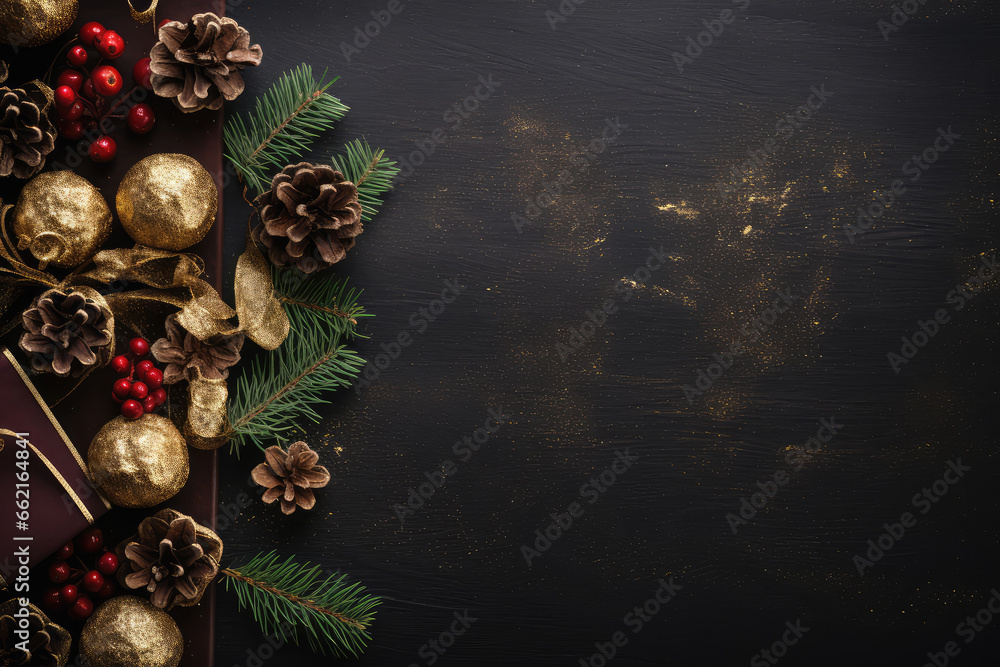 Christmas background with decorations and gift box on black wooden board. Top view with copy space