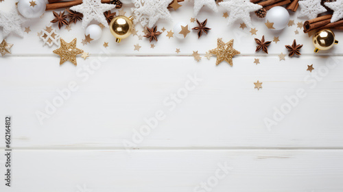 Christmas decoration on white wooden background. Top view with copy space. © Nima