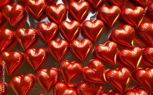 background of red foil balloons in the shape of a heart