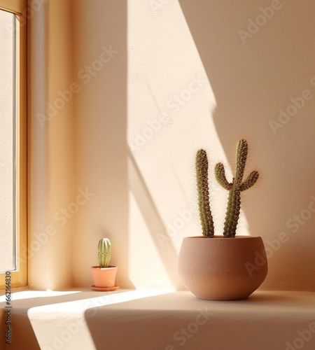cactus in a pot near the window, home plant in the sun