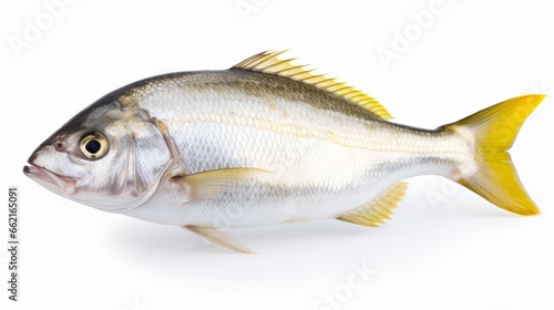 A fish standing upright on a white surface