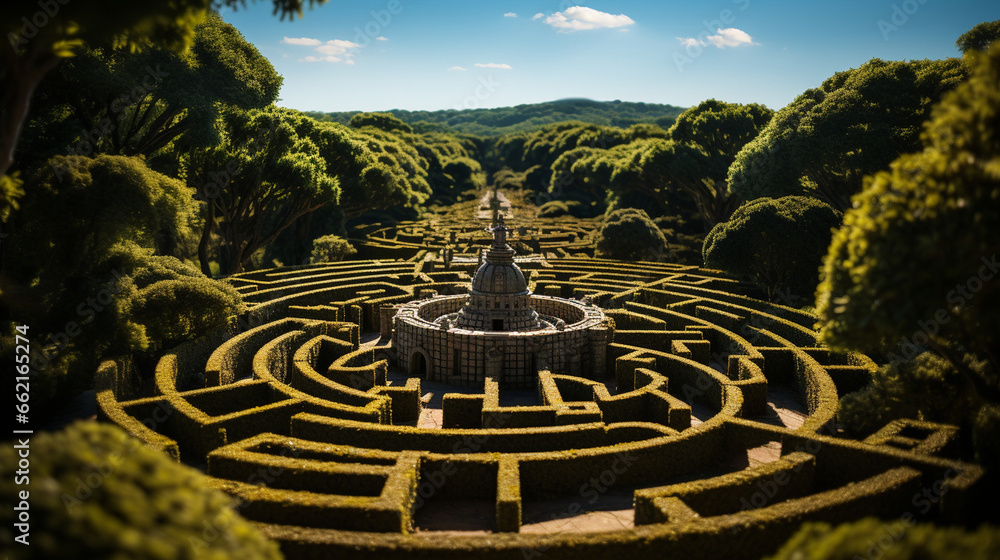 Hedge Labyrinth: A captivating hedge maze, intricately pruned to create a labyrinth for exploration and enjoyment.