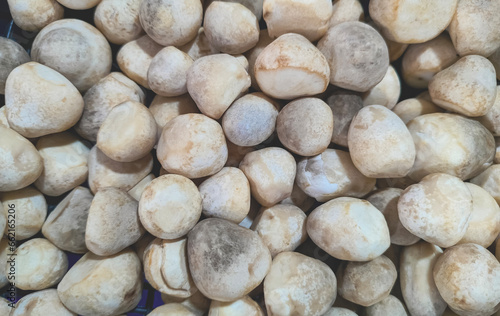 Pile of many straw mushrooms background for sale in local market  top view and full frame 