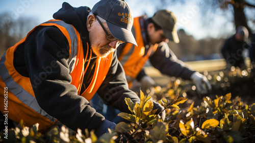 Community Tree Care: A group of volunteers working together to prune and care for trees in a local park, fostering community involvement.