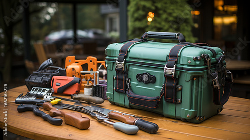 Arborist's Toolbox: A display of various tools used by arborists, from chainsaws to hand pruners, on a rustic wooden table.