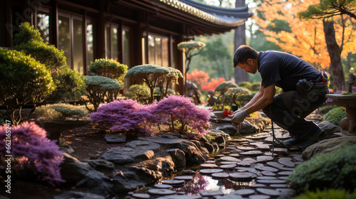 Japanese Garden Pruning: An intricate Japanese garden with perfectly pruned trees, reflecting the precision and artistry in Japanese horticulture. © Наталья Евтехова