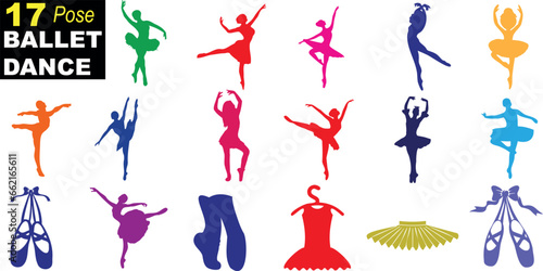 danse de ballet en couleurs vives Illustration vectorielle 17 poses. Parfait pour les projets de danse et de ballet. Idéal pour les graphiques de danse, les affiches de ballet et les projets créatifs