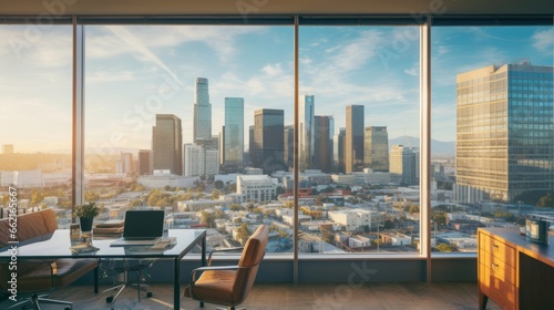 A panoramic view of a bustling city skyline from an office window