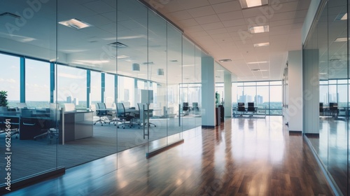 A panoramic view of an office floor with glass partitions