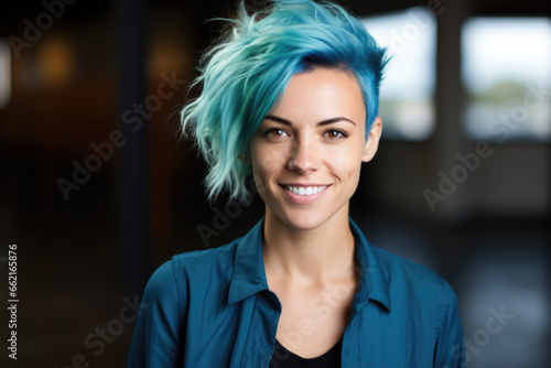 portrait of a CEO business tech person with blue hair smiling at the camera. 