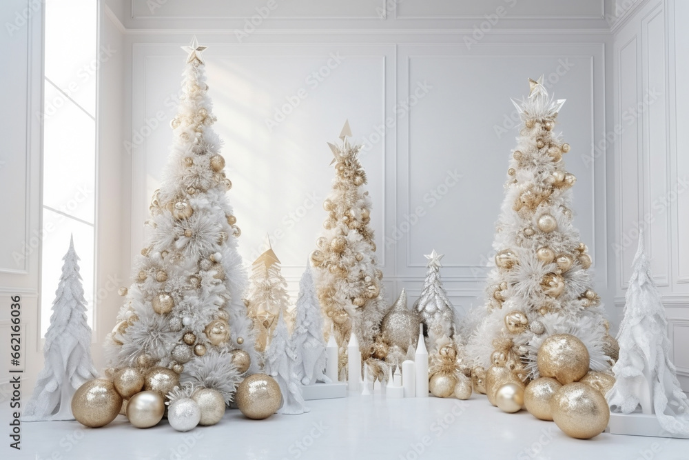 white Christmas trees with golden decorations
