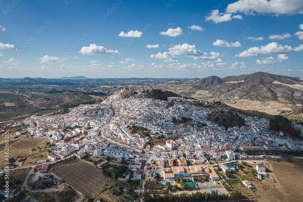 Aerial view of the old white town, Olvera in Cadiz, Spain