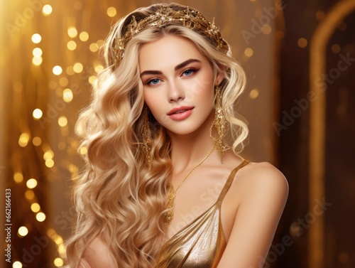 Blond model woman with long hair. Care and beauty hair products. Model with jewelry