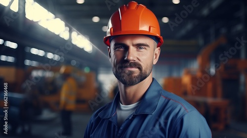 A worker wearing a hard hat in an industrial factory photo