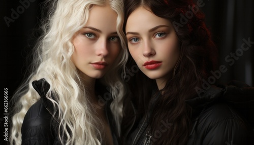 female twins with white and black hair, contrast