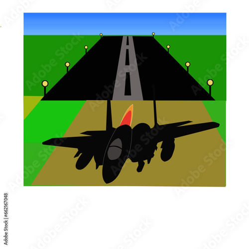 Silhouette noire d'un avion militaire décollant de la piste avec la postcombustion activée sur un paysage coloré.