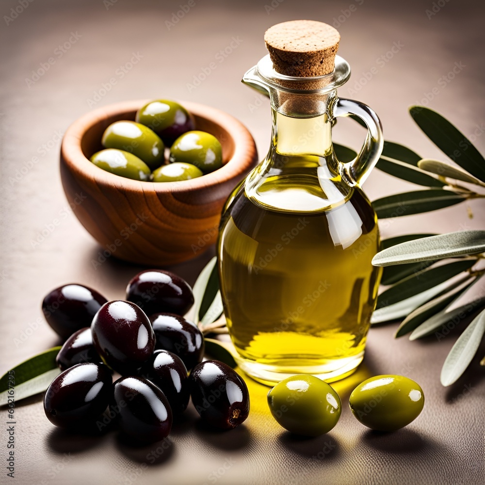 A bottle of olive oil and olives on a table A bottle of olive oil and olives on a table