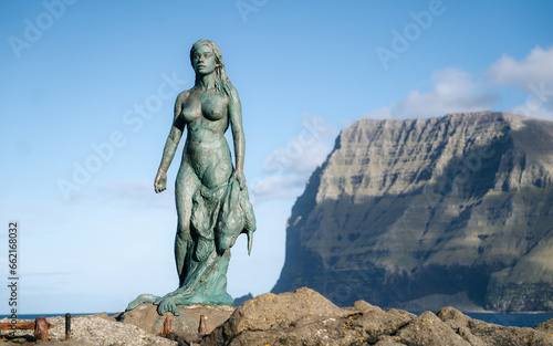 Statue of Kopakonan (the Seal Woman), Mikladalur village, Faroe Islands