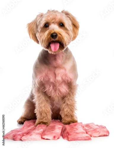 happy Dog and a lot of raw fresh meat in white studio, natural organic food for pets