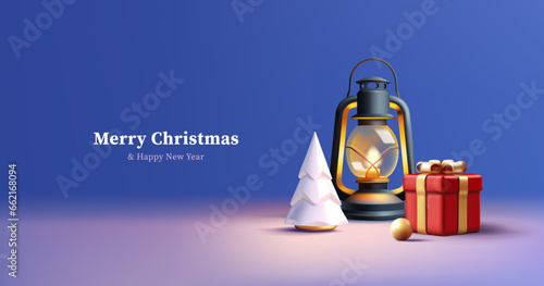 Christmas greeting card with 3d render composition of vintage kerosene lamp with Christmas tree and red gift box and golden ball