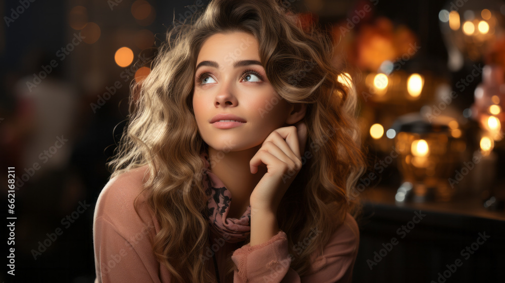 Creative and thoughtful girl has an idea in mind, touching her chin, looking thoughtful up , frowning thinking or making a choice Creative and thoughtful girl has an idea in mind, touching her chin, looking thoughtful up , frowning thinking or making a choice