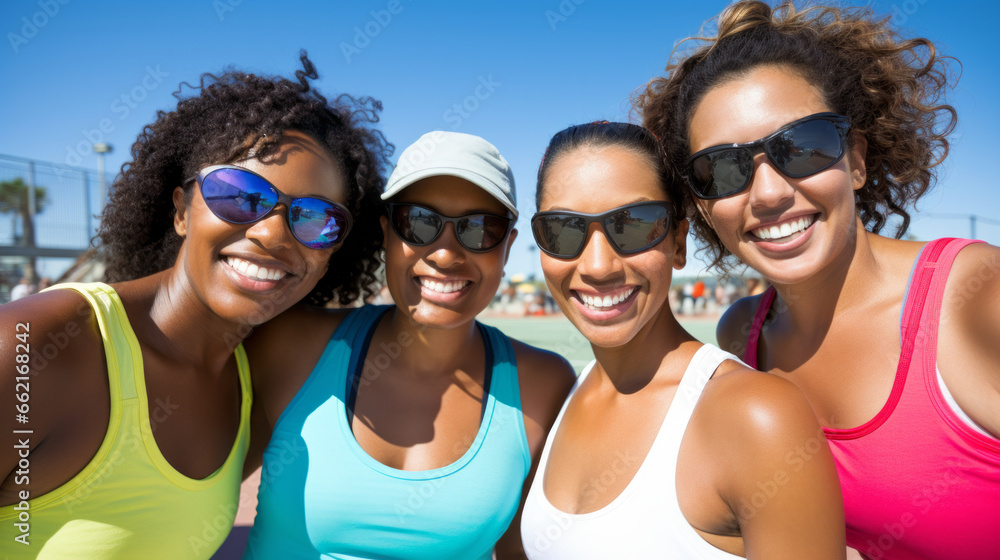 Happy friendly group of pickleball padel or tennis players, diverse young people doing outdoor sports activities Happy friendly group of pickleball padel or tennis players, diverse young people doing outdoor sports activities