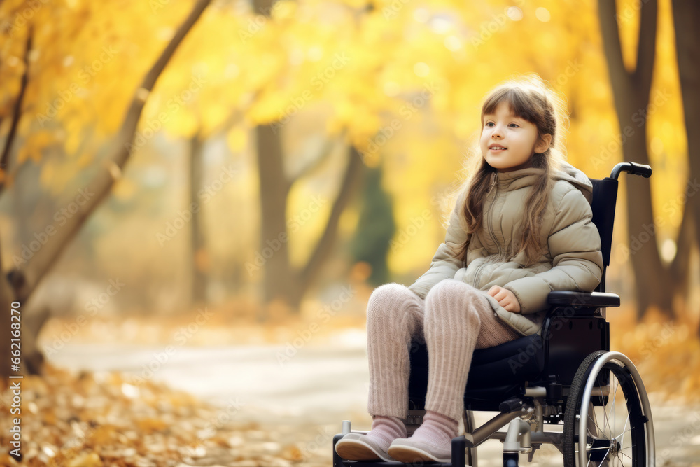 Young cute handicapped kid girl sitting in a wheelchair in a park with nature and trees in background and copy space Young cute handicapped kid girl sitting in a wheelchair in a park with nature and trees in background and copy space