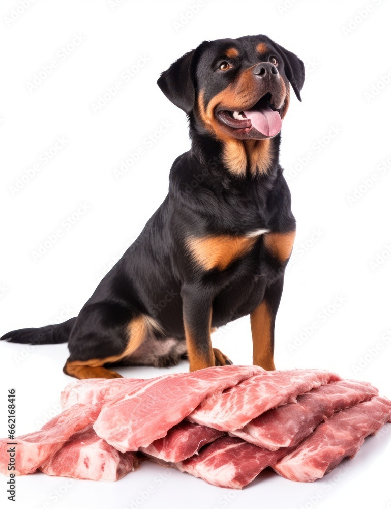 Fototapeta premium happy Dog and a lot of raw fresh meat in white studio, natural organic food for pets