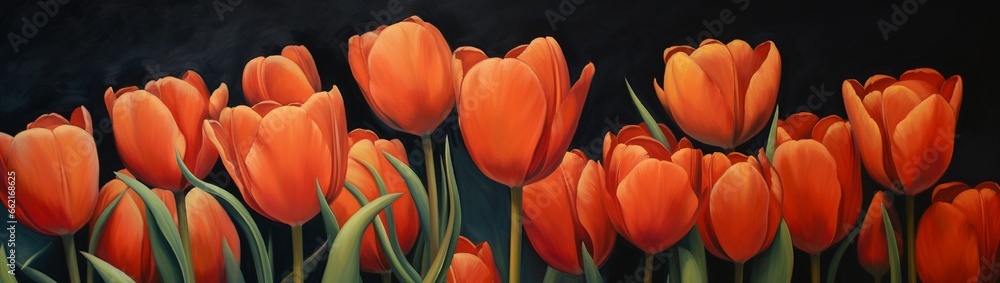 A group of fiery orange tulips artfully displayed against a dramatic charcoal backdrop, accentuating the flowers' vibrant color and graceful form