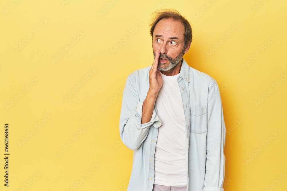 Caucasian middle-aged man in yellow studio is saying a secret hot braking news and looking aside Caucasian middle-aged man in yellow studio is saying a secret hot braking news and looking aside