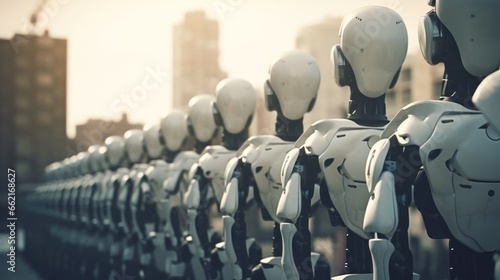 army of robots is approaching a big city. invasion of military robots. Dramatic apocalypse super realistic concept. Future.