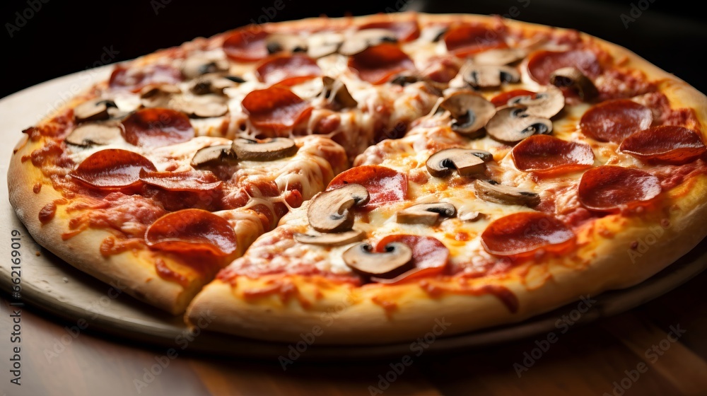 A close-up of a pepperoni and mushroom pizza