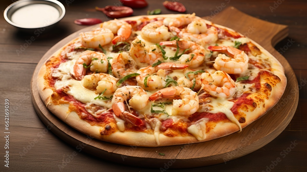 A close-up of a seafood pizza with shrimp and calamari