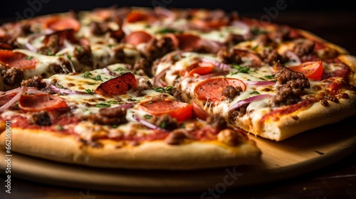 A close-up of a meat-lover's pizza loaded with toppings