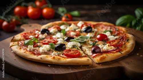 A close-up of a Mediterranean-style pizza with feta cheese