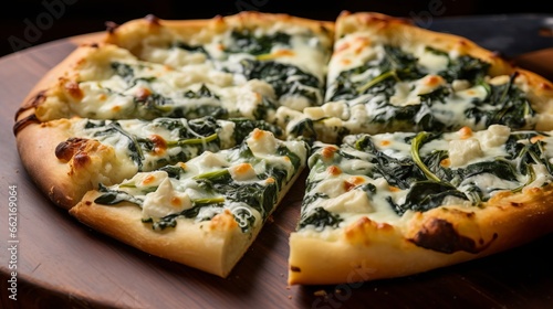 A close-up of a spinach and artichoke dip pizza