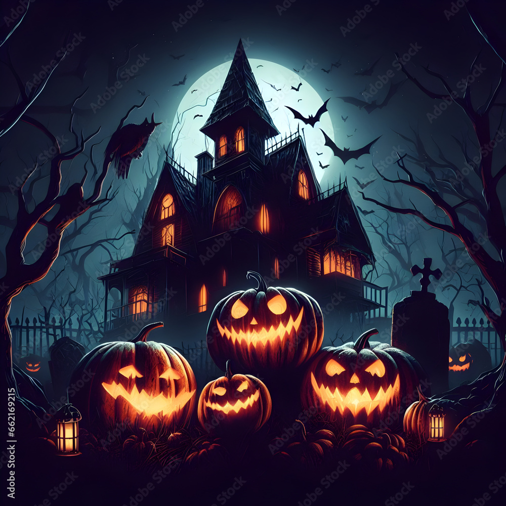 Halloween pumpkin head jack lantern with burning candles, Spooky Forest with a full moon and wooden table, Pumpkins In Graveyard In The Spooky Night - Halloween Backdrop. Ai Generative