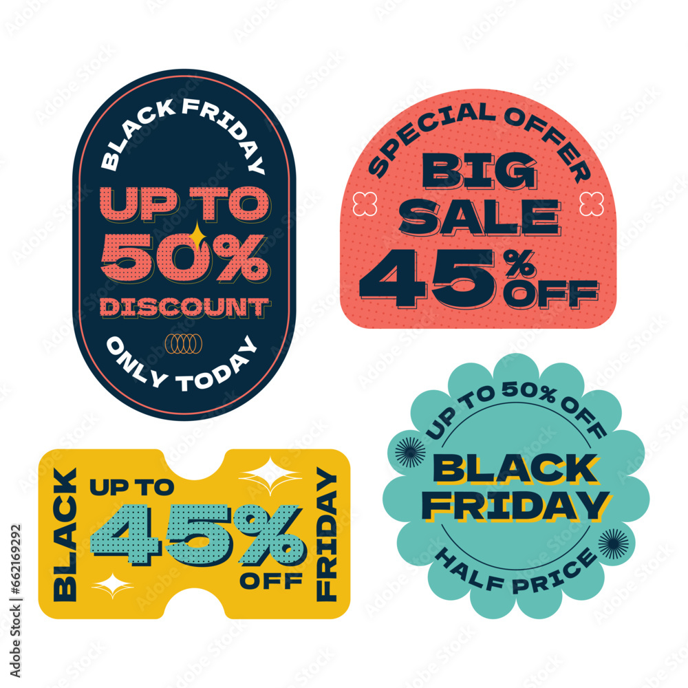 Set of retro sale promotion sticker, trendy discount badges, vector illustration