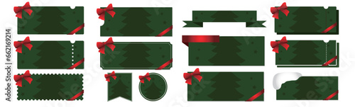 クリスマスセールに使える緑のツリーとリボンのクーポンベクターデザインセット（枠のみ）