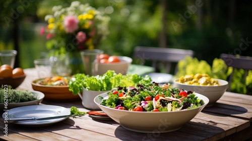A garden party table with fresh salads and herbs
