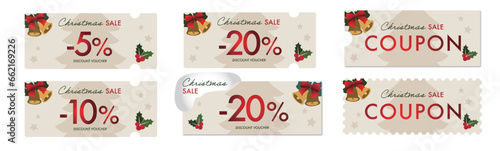 クリスマスセールに使えるツリーのシルエットとジングルベルのクーポンベクターデザインセット2