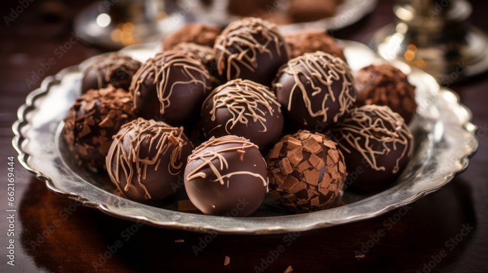 A plate of delectable chocolate truffles with a glossy finish A plate of delectable chocolate truffles with a glossy finish