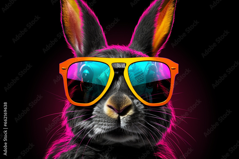 cute rabbit wearing glasses combination of neon lights, black background  3d rendering AI generative 
