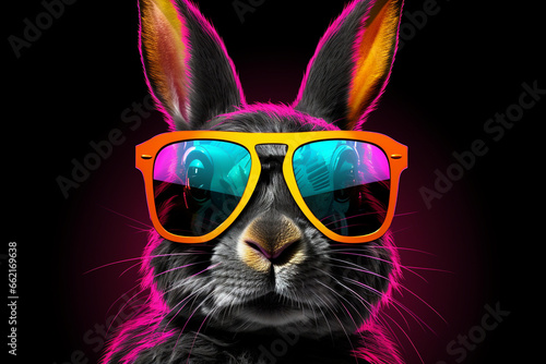cute rabbit wearing glasses combination of neon lights, black background 3d rendering AI generative 