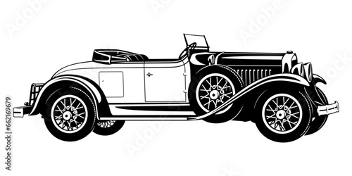 Classic Vintage Retro Car Cabriolet. Black and white vector clipart isolated on white.