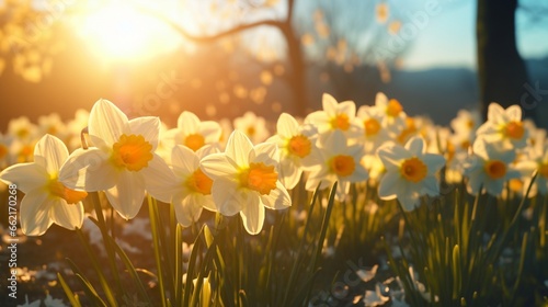 A group of wild daffodils, their golden petals catching the sunlight, creating a scene of natural beauty and brightness