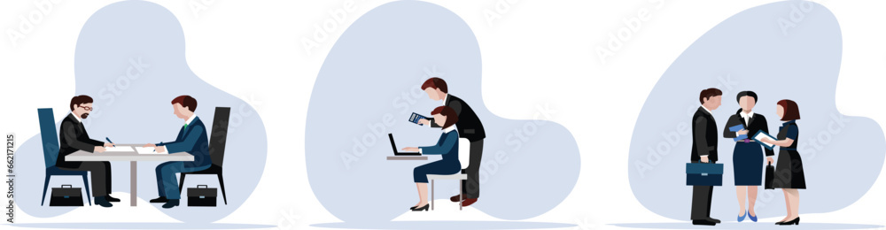 Office teamwork illustration set. Characters working busy people in office, company modern workplace interior with employees sitting tables and computers.