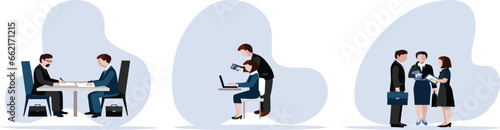 Office teamwork illustration set. Characters working busy people in office, company modern workplace interior with employees sitting tables and computers.