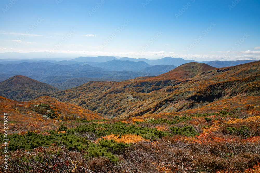 View of Mount Kurikoma with Autumn leaves, Miyagi, Japan View of Mount Kurikoma with Autumn leaves, Miyagi, Japan