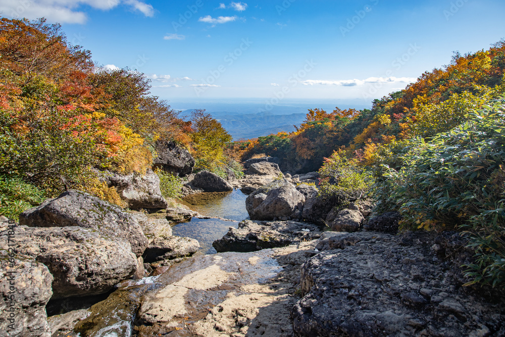 View of Mount Kurikoma with Autumn leaves, Miyagi, Japan View of Mount Kurikoma with Autumn leaves, Miyagi, Japan